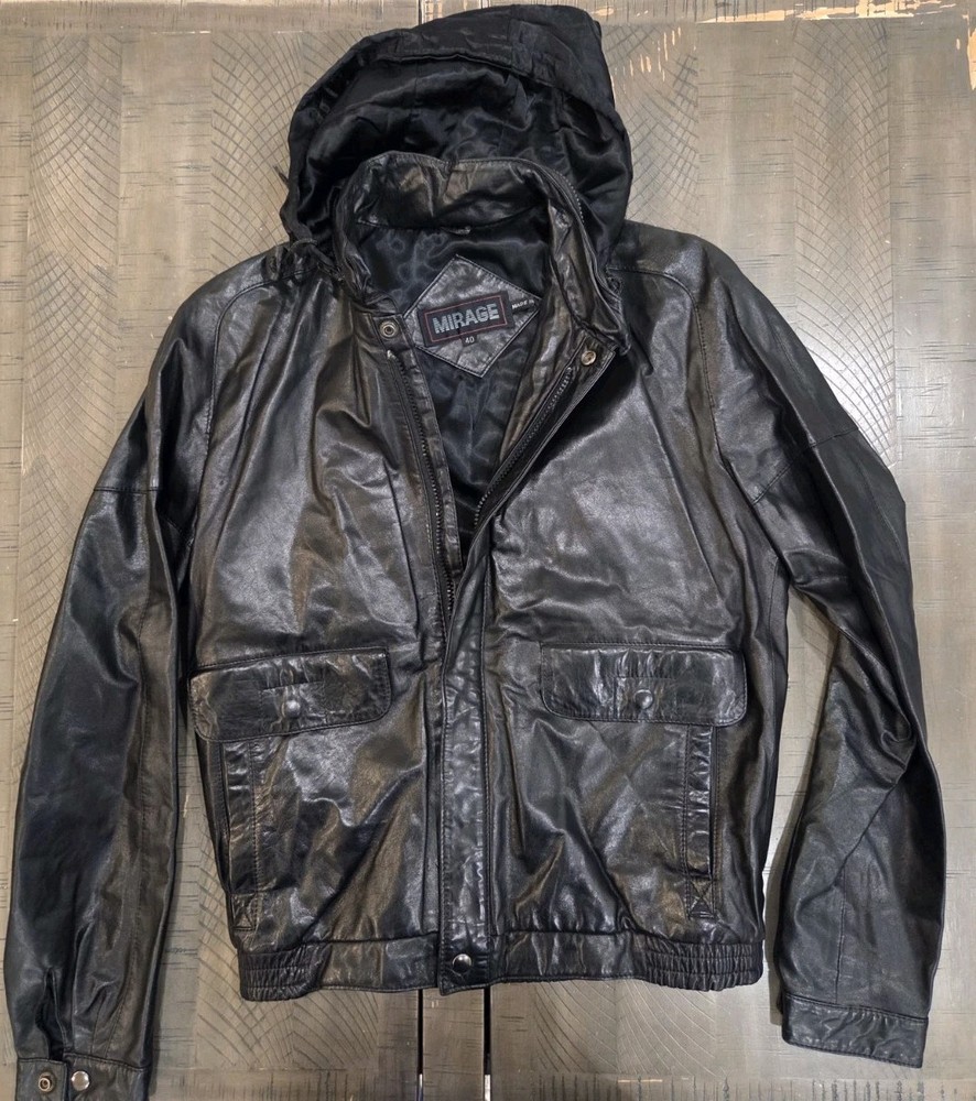 Vintage Mirage Jacket Mens 40 Black Hooded Leather Motorcycle Biker Soft Lined
