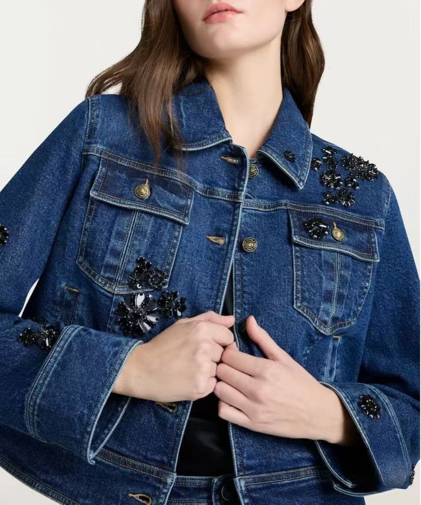 Women Cinq A Sept Cotton Blend Embellished Pockets Denim Coat