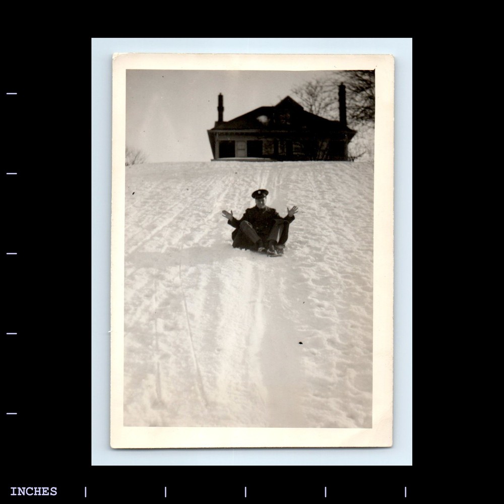 Old Vintage Photo ARMY MAN SOLDIER SNOW SLEDDING WINTER SCENE