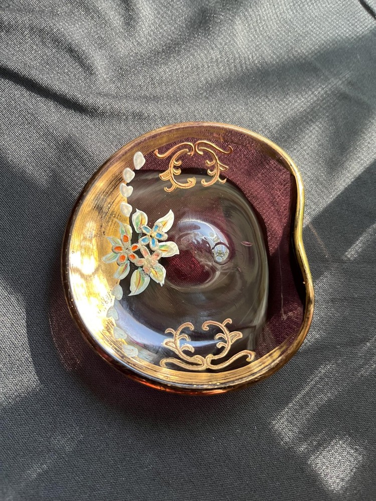 Amethyst Murano Glass Trinket Dish with hand painted Floral Deisgn and Gold trim