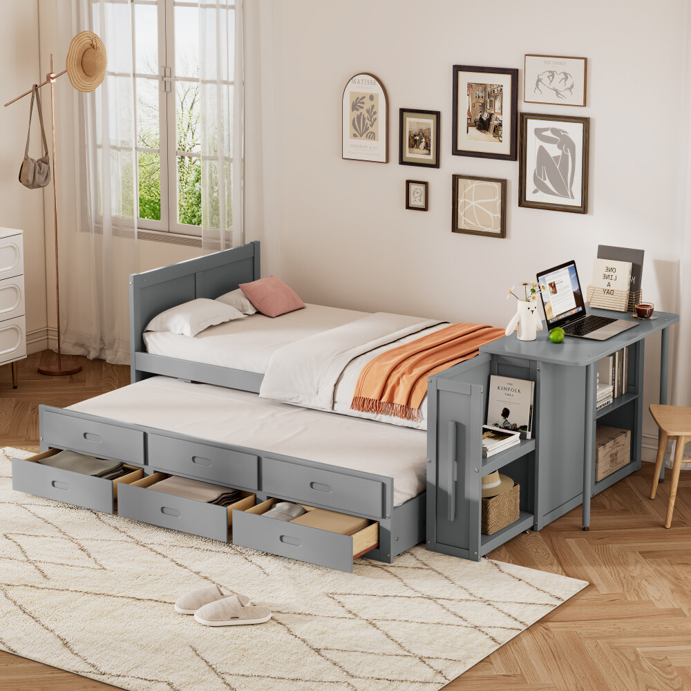 Twin Wood Platform Bed with Desk, Shelf, Trundle & 3 Drawers in Gray