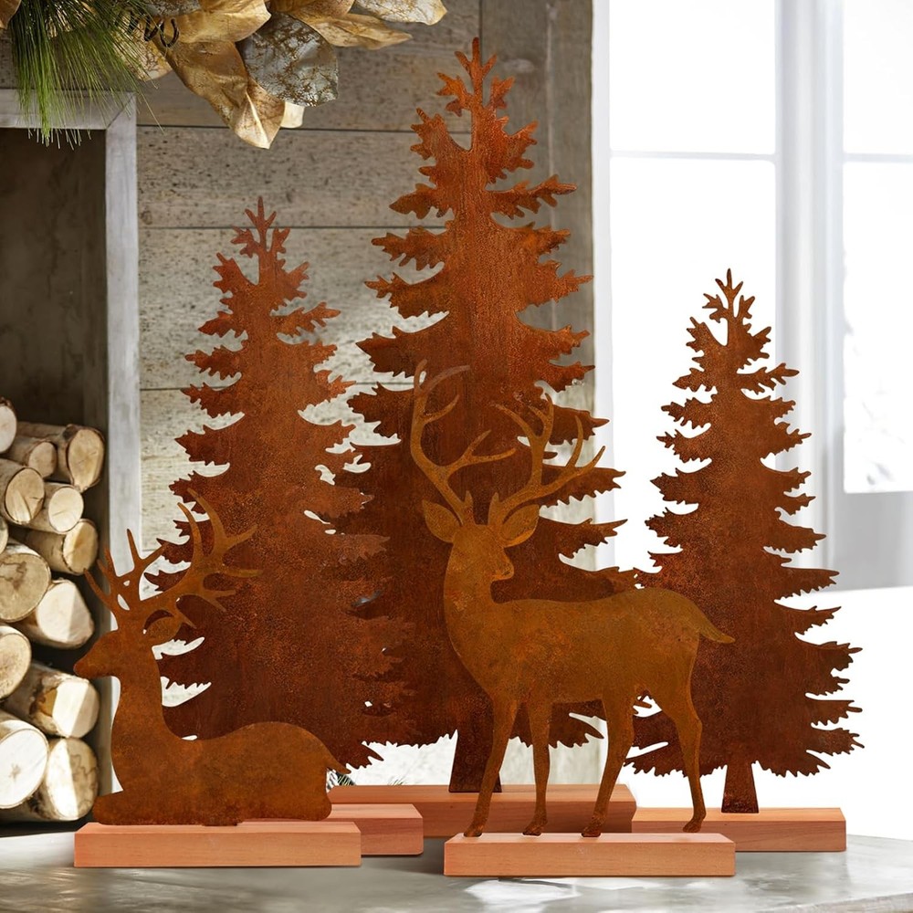 Set of 5 Metal Christmas Tree and Deer Tabletop Decor, Rusty Steel Vintage E