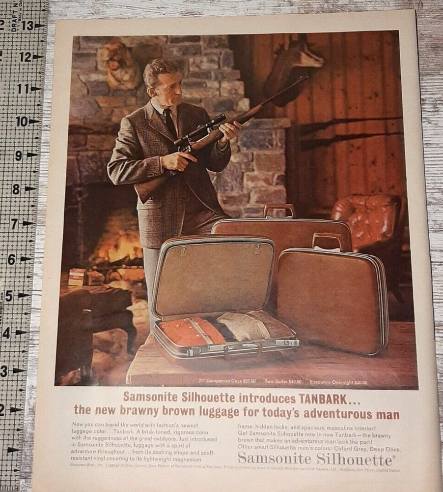 1963 Samsonite Vintage Print Ad Silhouette Luggage Hunting Lodge Rifle Fireplace