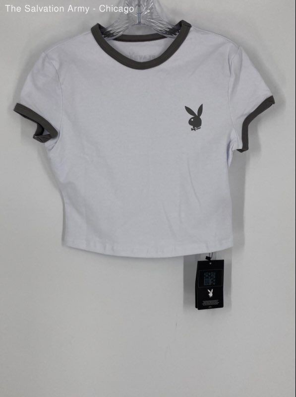 Playboy X Missguided Womens Gray White Short Sleeve Cropped T-Shirt Size M
