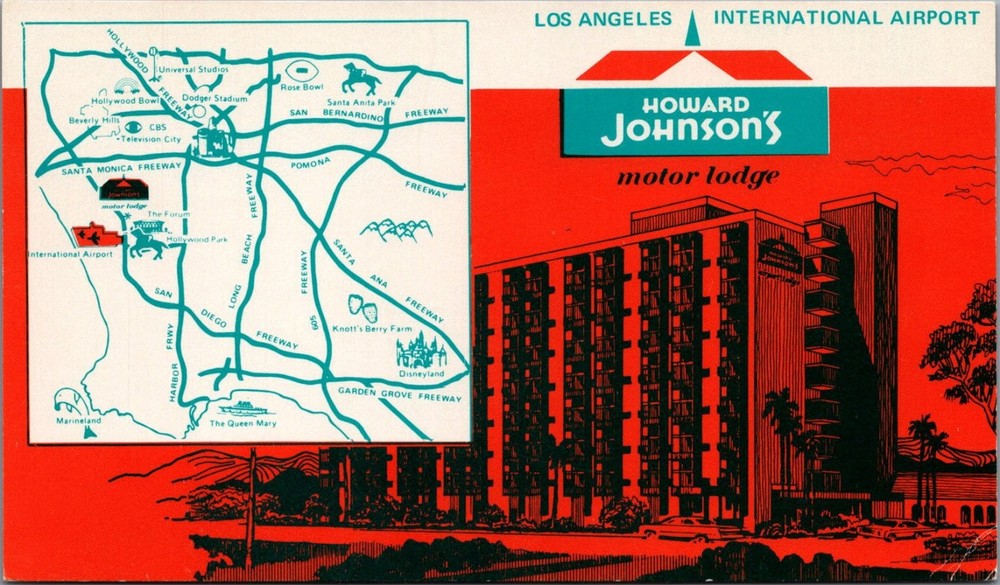 Vintage Howard Johnson's LAX Motor Lodge Postcard Map Disneyland Hollywood