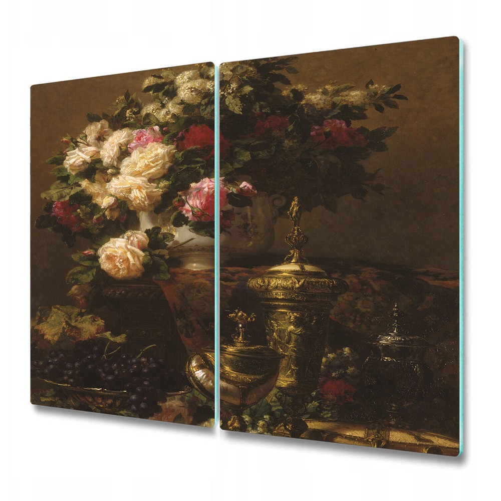 Glass Chopping Board Utensil Vase Flowers Oil Painting Dutch Nature Art 2x30x52