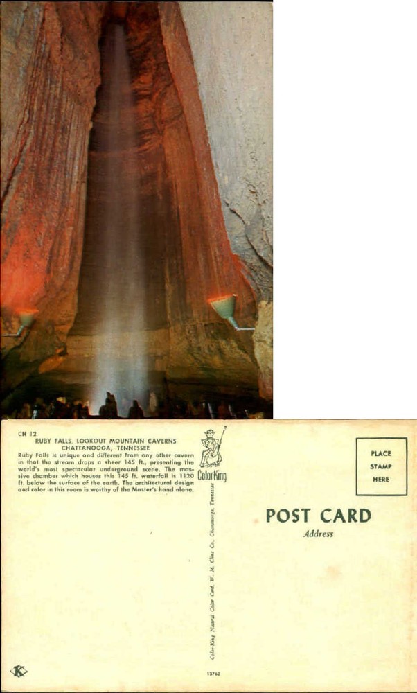 Lookout Mountain Caverns Ruby Falls Chattanooga TN unused postcard waterfall