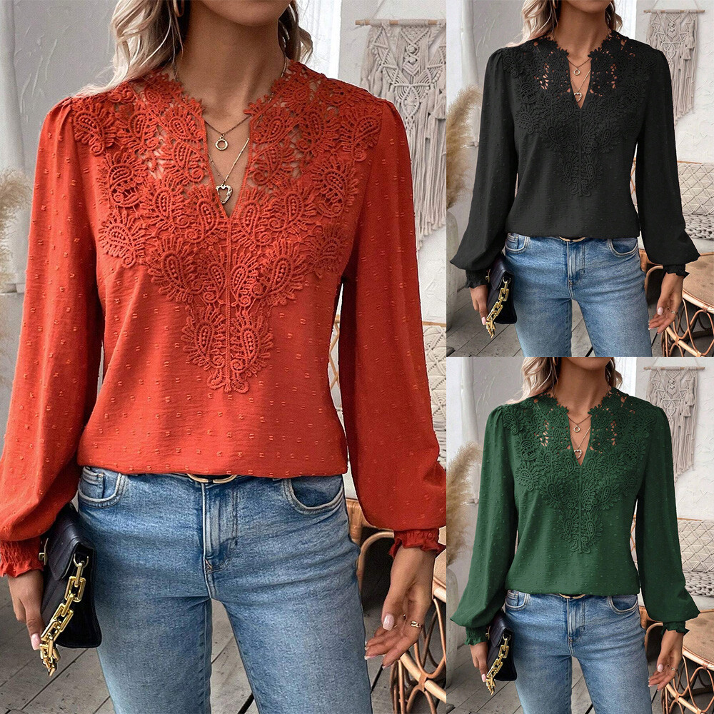 Women's Lace V-Neck Long Sleeve Blouse Casual Loose Summer Top