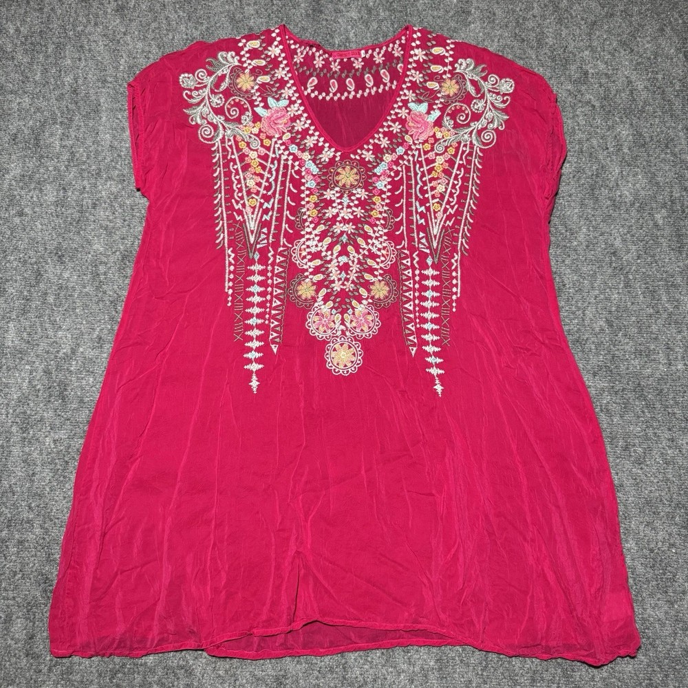 Johnny Was Embroidered V Neck Tunic Top Magenta Sleeveless Boho Cupra Rayon XL