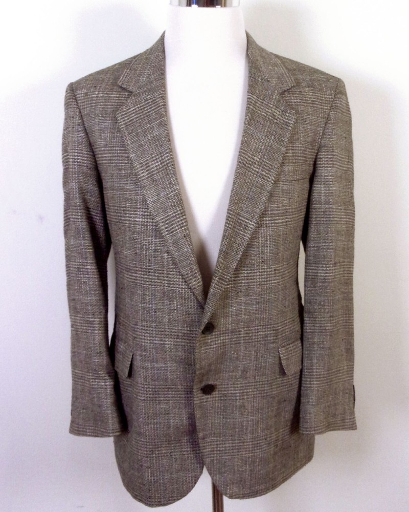 vintage EUC Haggar Gallery Gray Wool & Silk Tweed Plaid Blazer Sportcoat 44 R