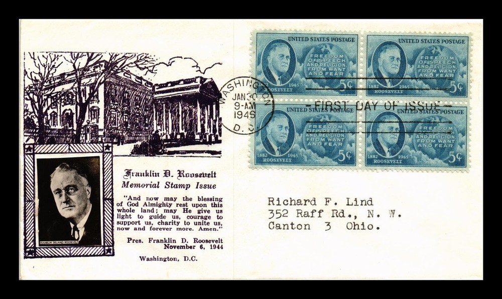 Dr Jim Stamps Us Cover Roosevelt Memoriam Fdc Scott 933 Block Of 4 Crosby Photo