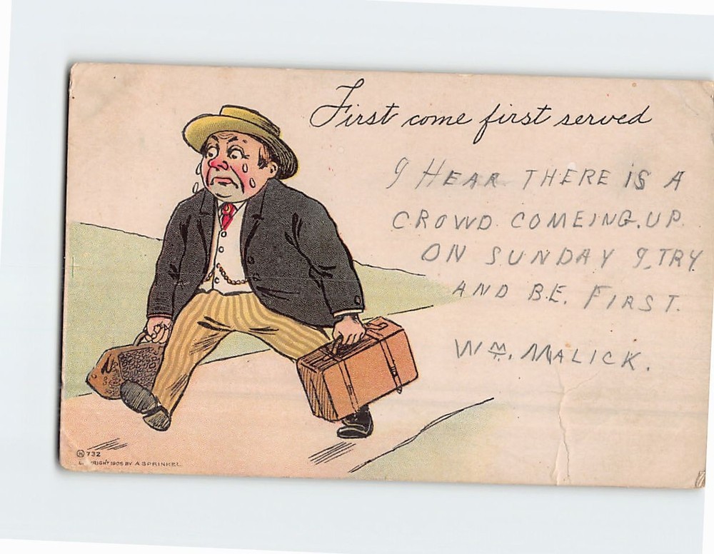 Postcard First come first served with Man Walking Comic Art Print
