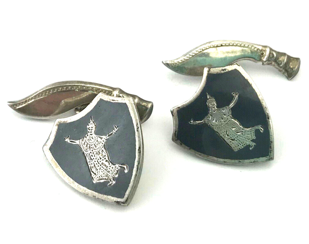 Vintage Sterling Silver Siam Hindu God Cufflinks Featuring Swords