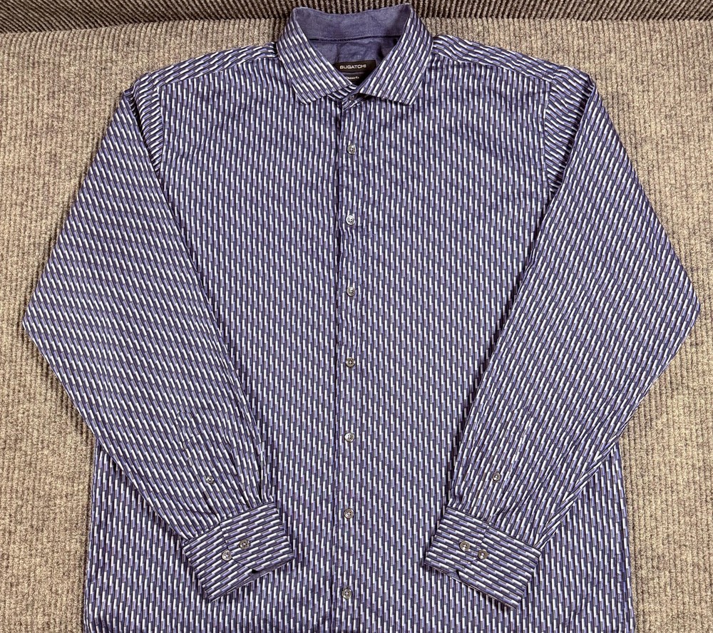 Bugatchi Shirt Mens XL Geometric Classic Fit Long Sleeve Button Up Blue Casual