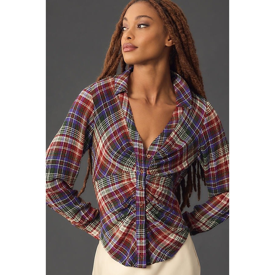 Pilcro Anthropologie Red Green Purple Plaid Button Down Shirt Women size Medium