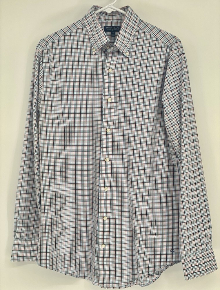Peter Millar Men's Plaid Button Down Dress Shirt Blue Purple Pink Size Medium