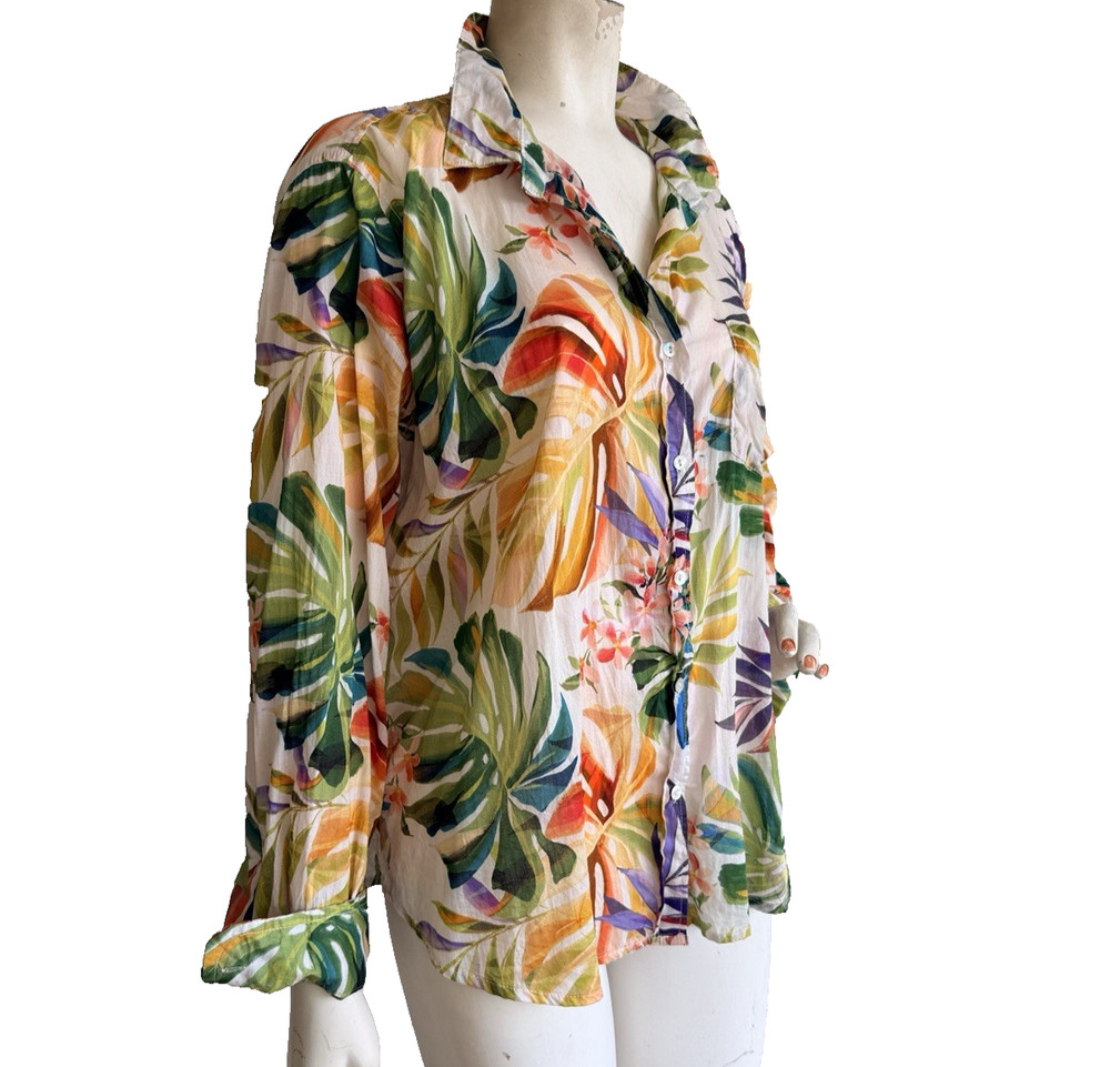 CALYPSO ST BARTH Top Floral Tropical Button Front Long Sleeve 100% Cotton Size L