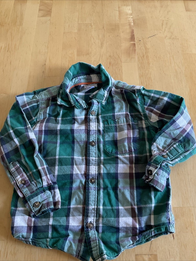 Carters Toddler  Green White Plaid 90s Long Sleeve Button Up Shirt 3t