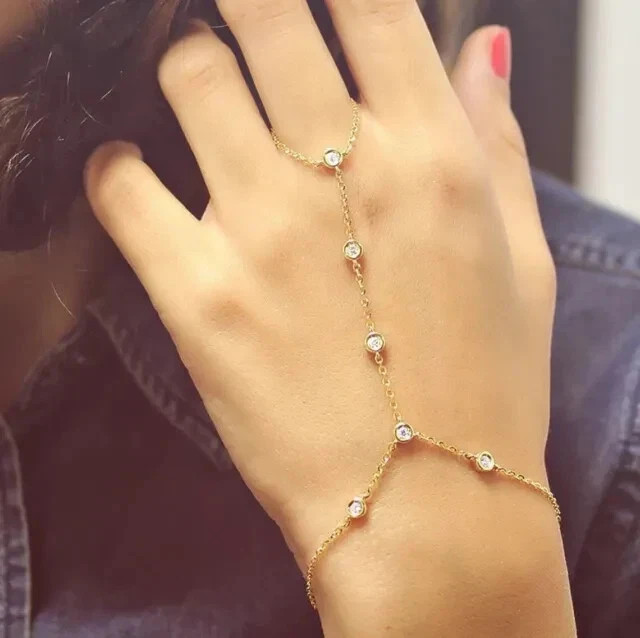Hand Chain Bracelet 14K Yellow Gold Plated 3Ct Round Lab Created Diamond Women's