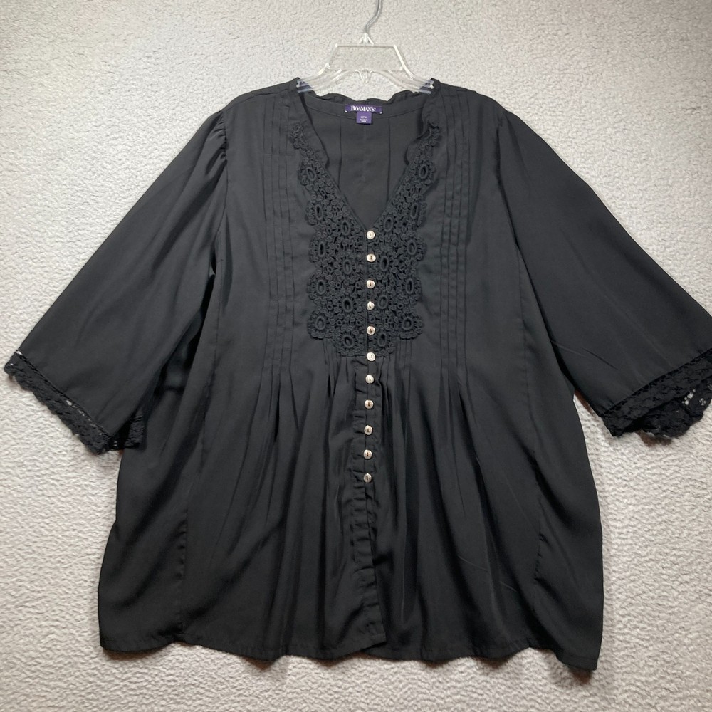 Roaman's Top Womens Plus 22W Black 3/4 Sleeve Button Up Crochet Detail Flowy