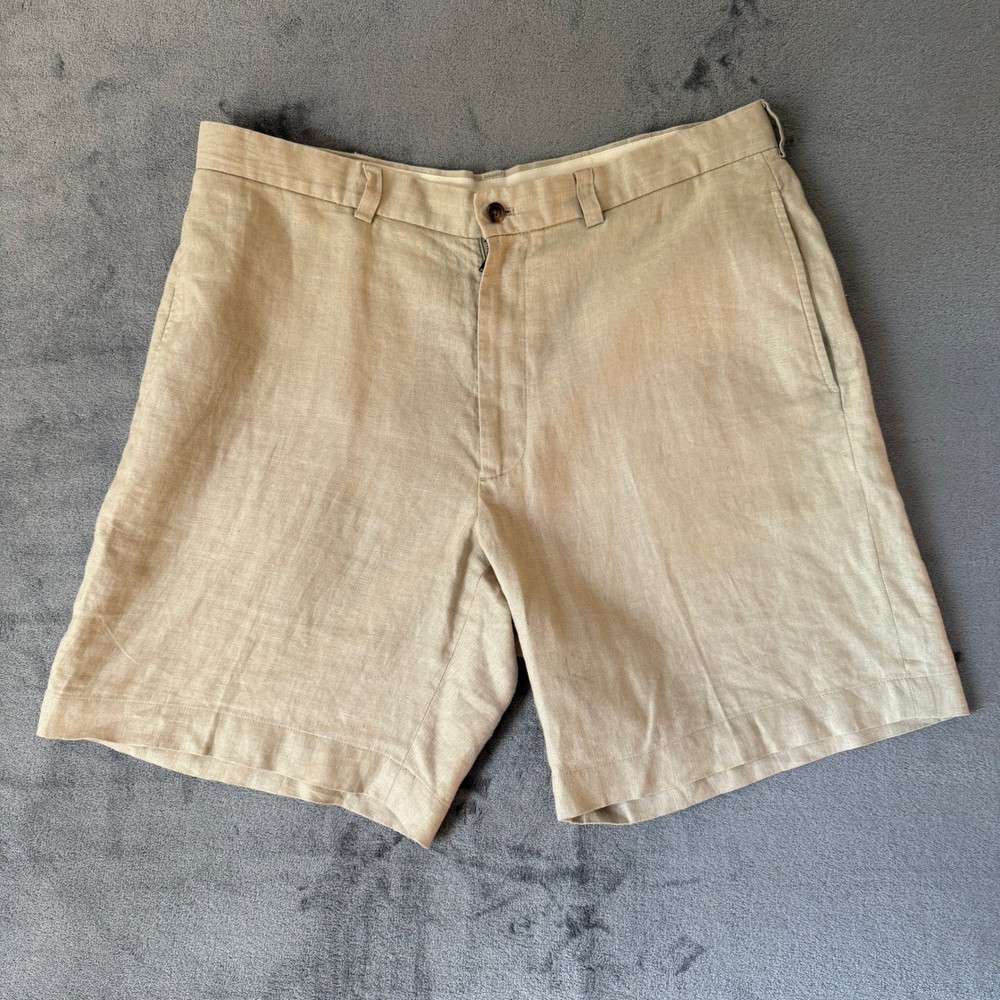 Brooks Brothers 346 Mens Beige 100% Linen Flat Front Shorts Size 38 Khaki