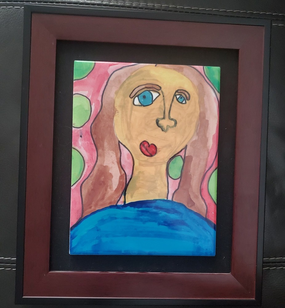 Abstract wall art tile - blue eyes red lips lady on pink-image