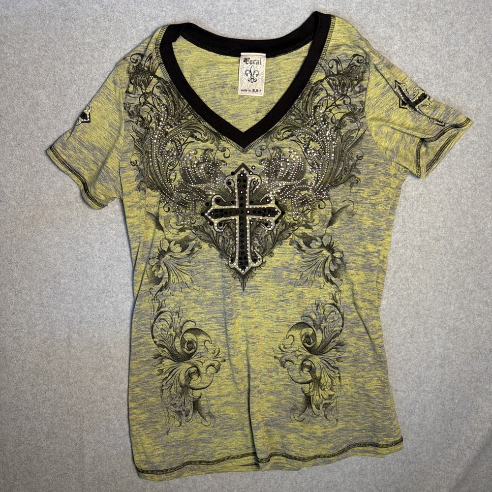 Vocal T-shirt V-Neck Green Cross Rhinestone Bling