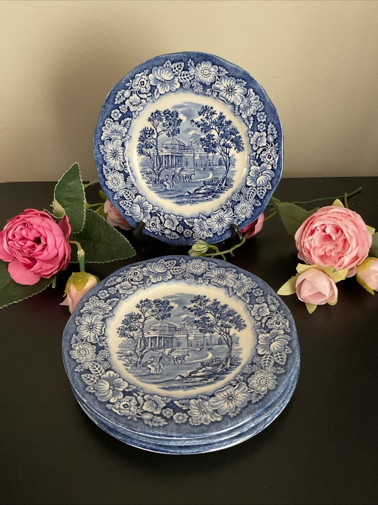 4 Vintage Liberty Blue Staffordshire Ironstone Monticello Bread Butter Plates 6”