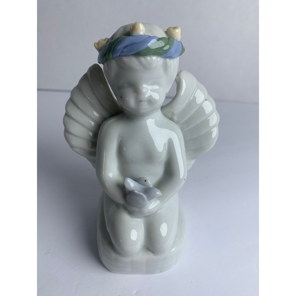 Cottagecore Vintage Porcelain Kneeling Angel Cherub Figurine with Floral Crown