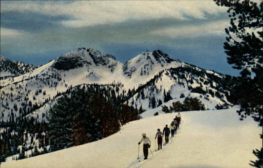 Blue Mountains Oregon snowcapped Anthony Lakes skiers aerial vintage postcard