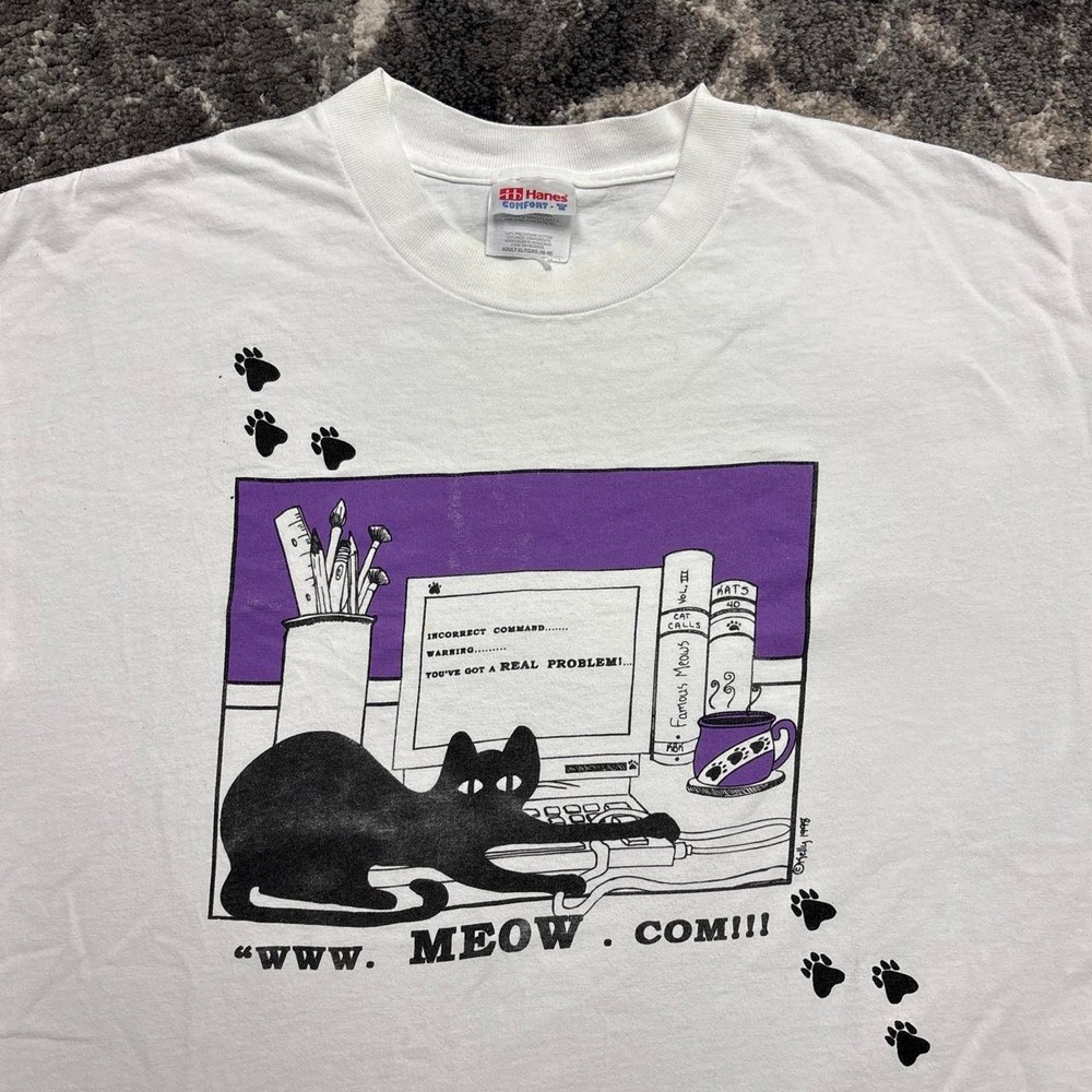 Vintage Cat Shirt Adult XL 90s Art Kitten Kitty Pets White Meow Y2K 2000s Funny