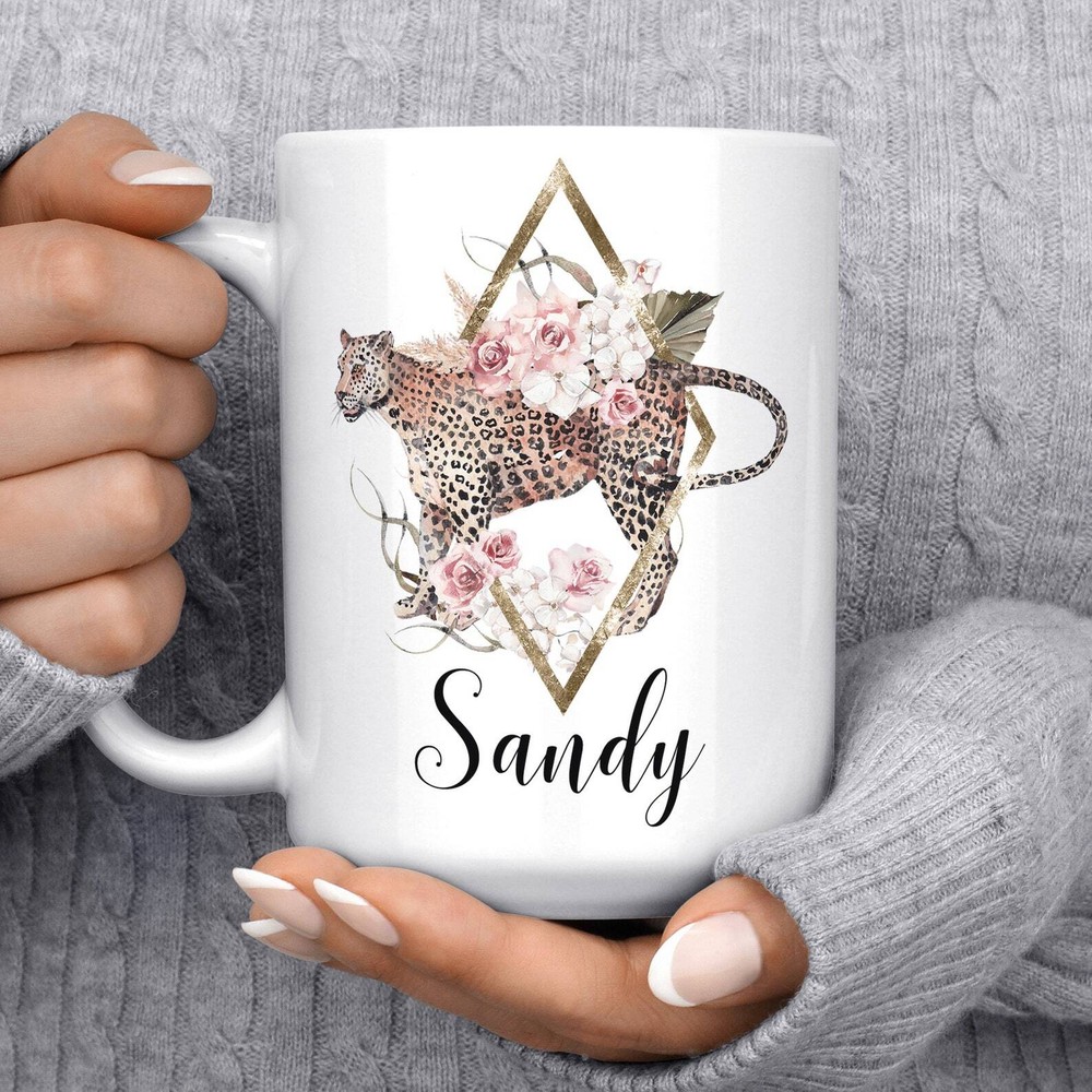 Beautiful Leopard Name Coffee Mug Custom Floral Roses Microwave Dishwasher Safe