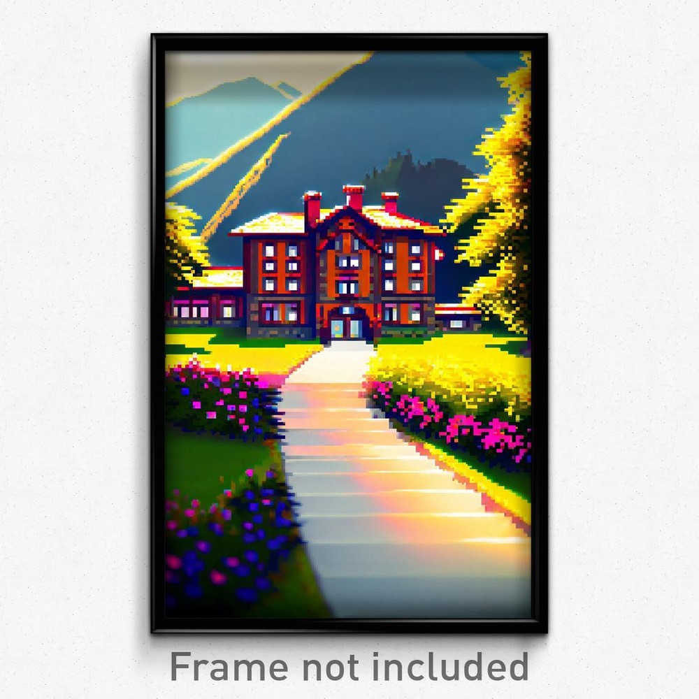 8 Bit Pixel Art Poster of a Psychedelic Mountain Mansion