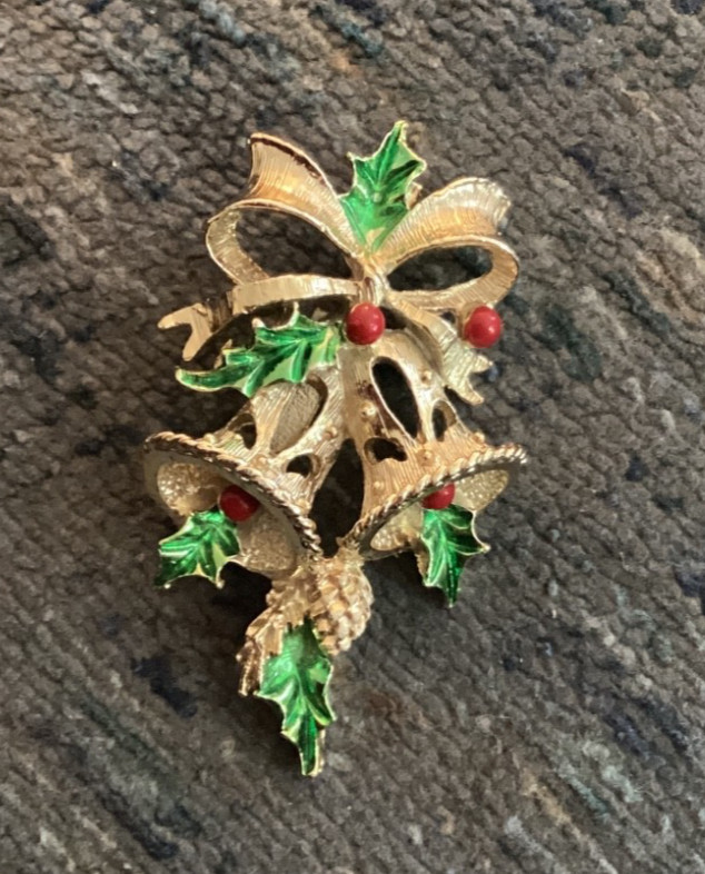Signed Gerry's Red Green Enamel Holly Gold Tone Christmas Bells Brooch Vintage