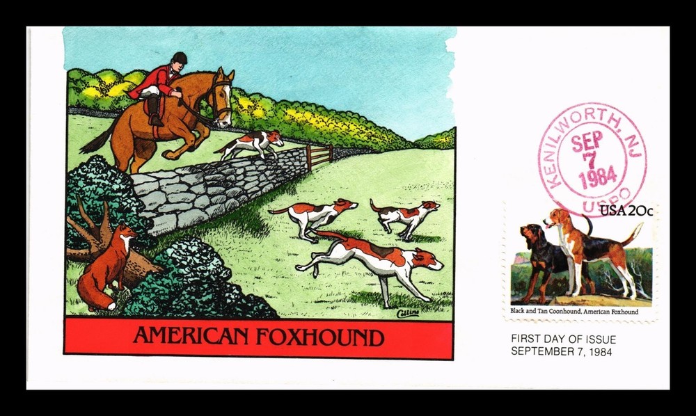 DR JIM STAMPS US COVER AMERICAN FOXHOUND DOGS FDC COLLINS HAND PAINTED
