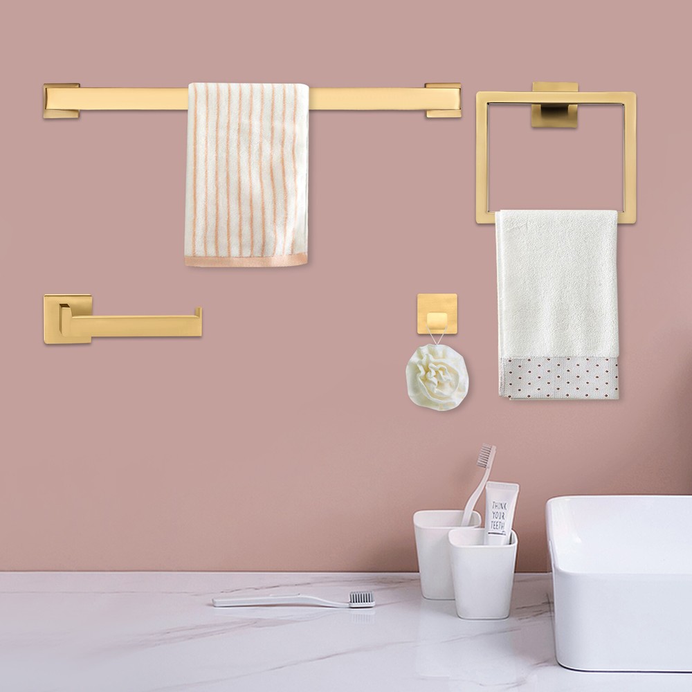 Gold 4-Piece Bathroom Hardware Set with Stainless Steel Towel Bar and Ring