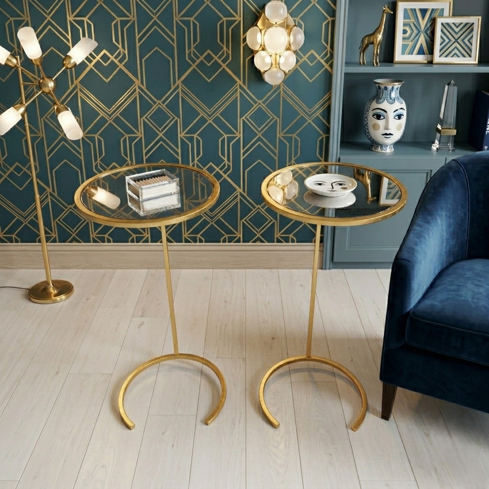 Worlds Away Monaco Round Cigar Table • Gold Leaf & Antique Mirror • Accent Table