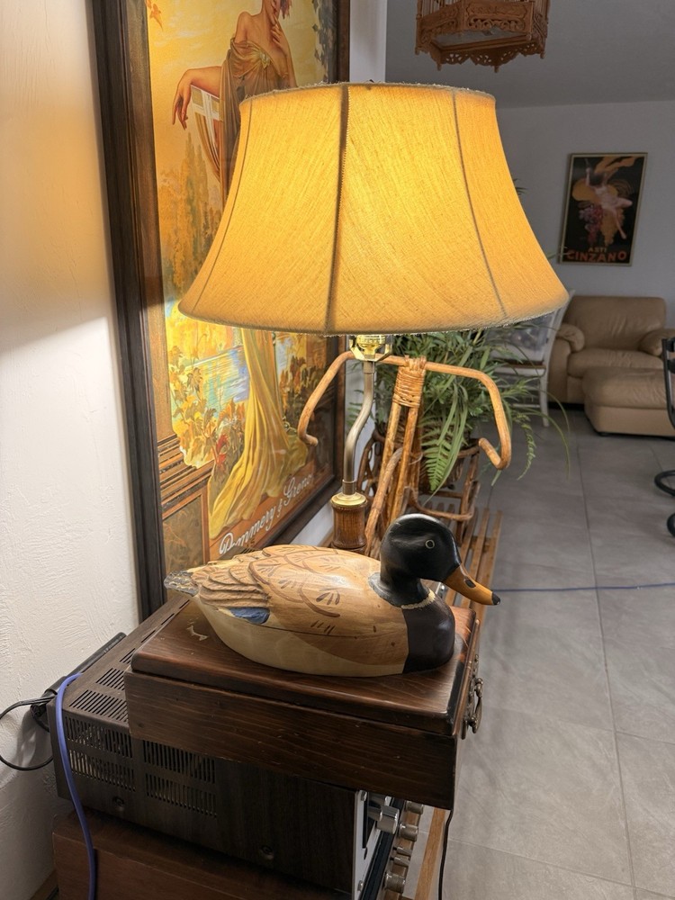 Vintage 60s Mallard Duck Decoy Table Desk Lamp Wood Carved Handpainted W/Storage