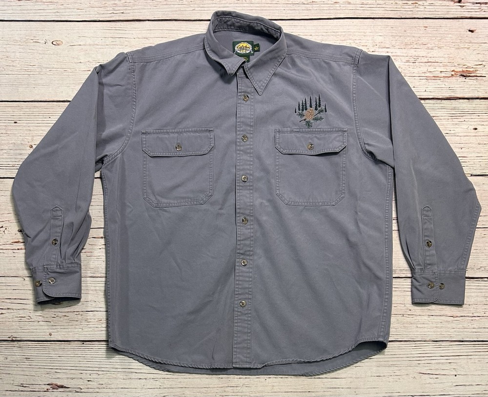 Cabelas Men's Pine Cone Trees Embroidered Long Sleeve Button Down Shirt Size L Regular