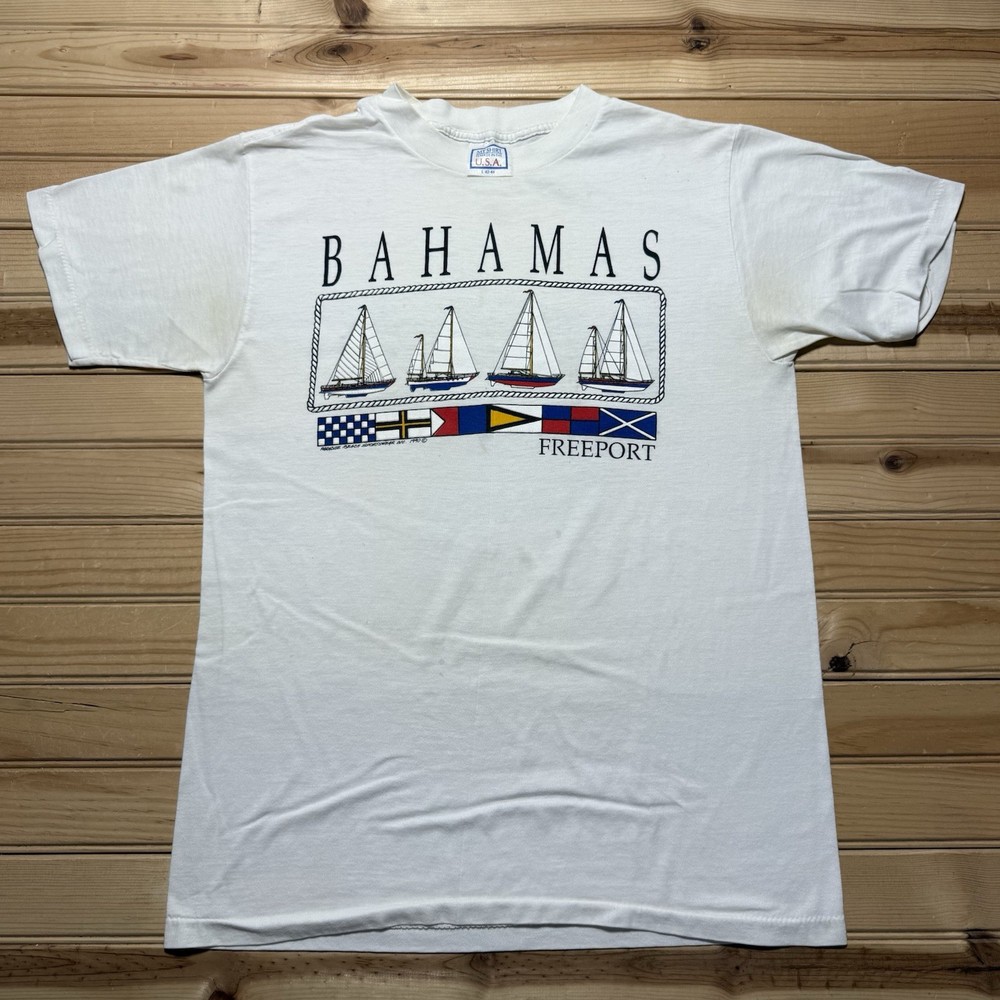 Vintage 90s 1990 Freeport Bahamas Sailboat Flags Nautical Art Shirt Size Large
