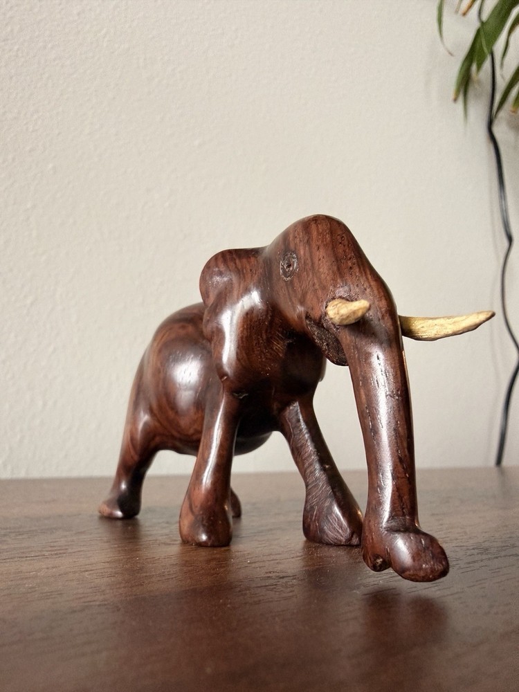 Hand Carved Brown Wooden Elephant Figurine with Tusks Wood Animal Decor