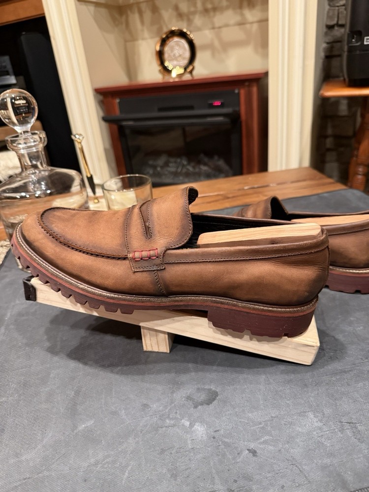 Donald J Pliner Brown Leather Loafers Men's Casual Shoes Red Stitching Slip On