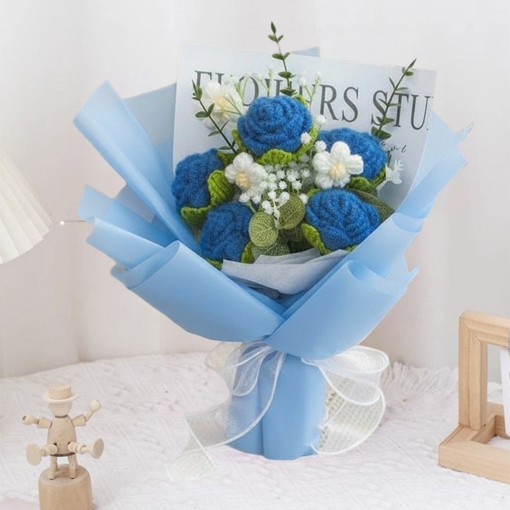 Handmade Crochet Rose Bouquet Knitted Fabric Decorative Flower Collection