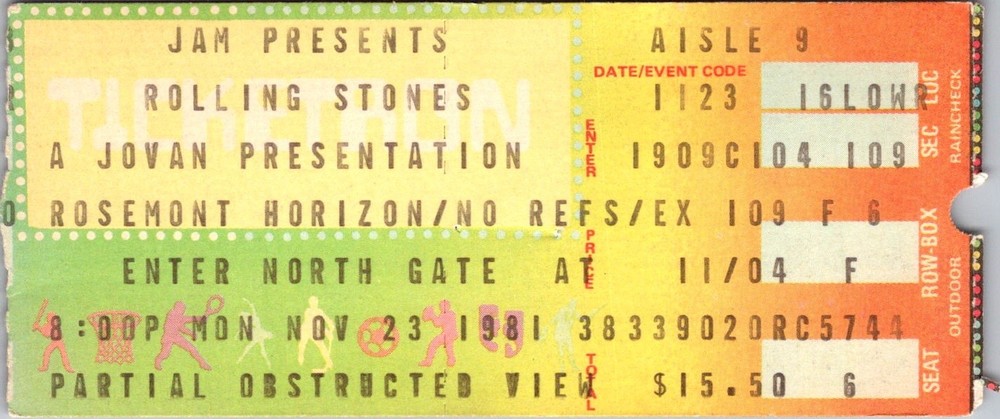 1981 Rolling Stones Concert Ticket, Rosemont Horizon, Nov. 23