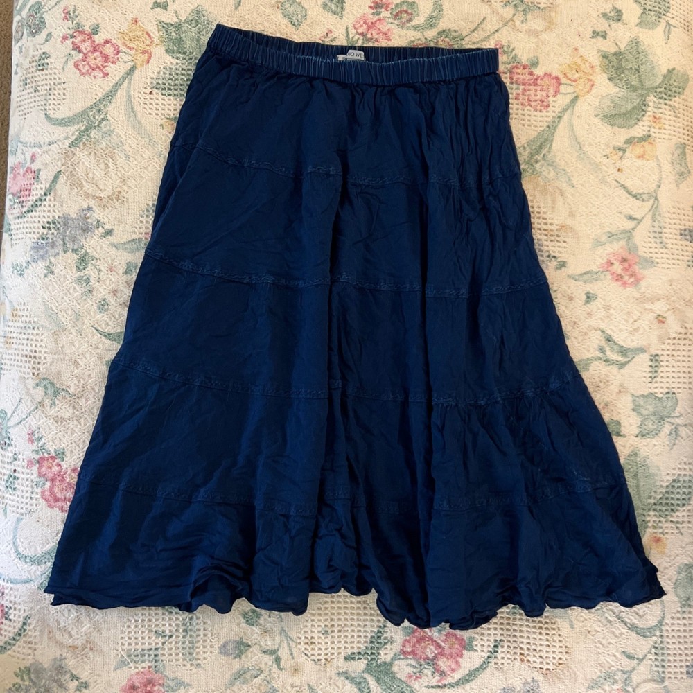 Navy Blue Tiered Midi Skirt Womens Medium Boho Peasant Elastic Sz M