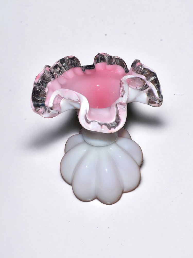 Fenton Silver Crest White Milk Glass Pink Encased Ruffled Edge Melon Shape Vase