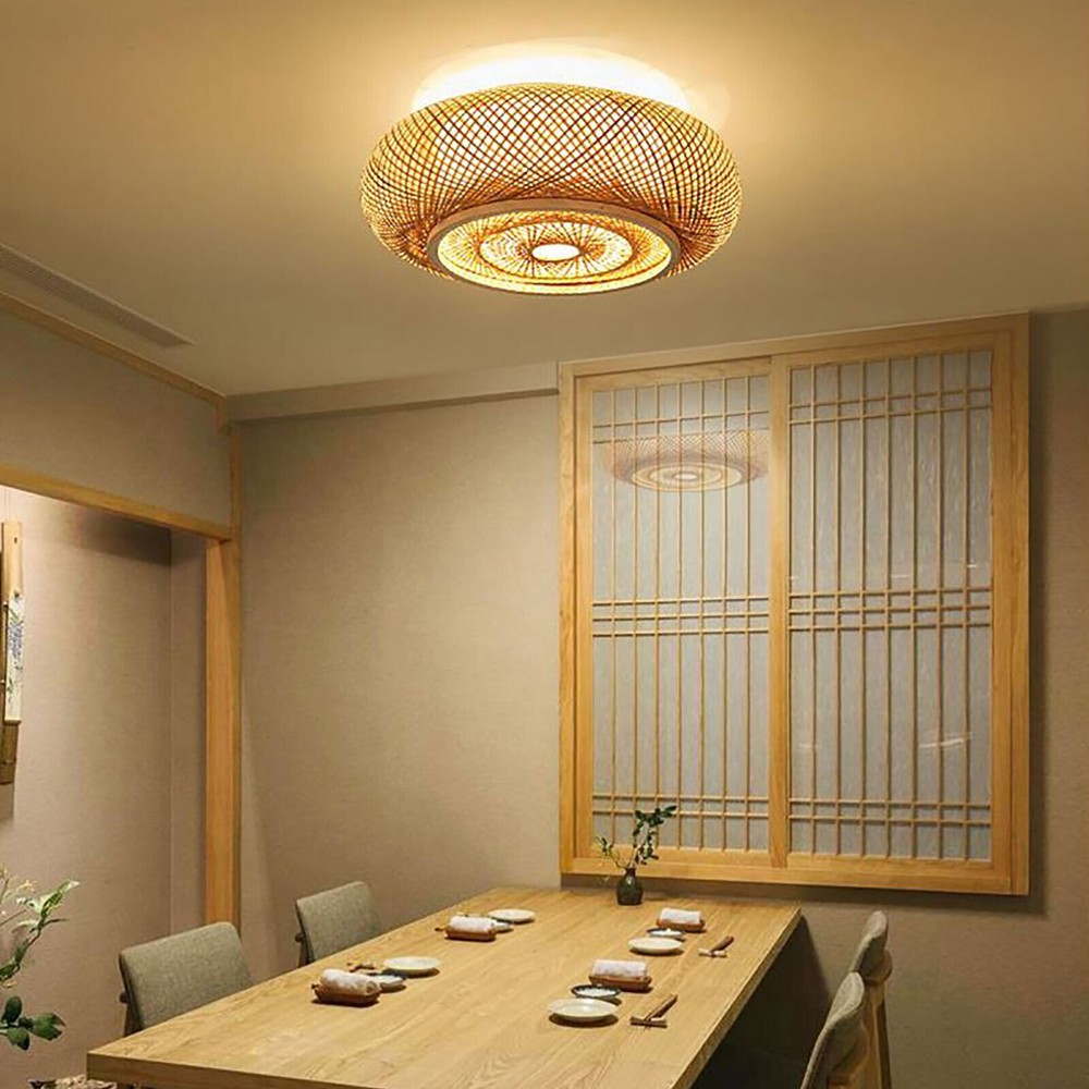 Rustic Bamboo Ceiling Light Art Pendant Lamp Drum Shape Wicker Rattan Fixture US