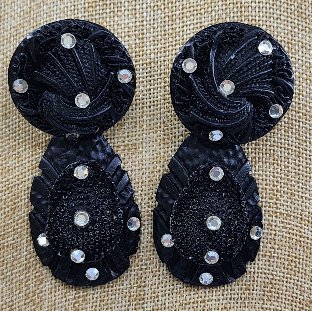 Vintage Jeff Lieb Black Textured Round & Teardrop Clip-On Dangle Earrings