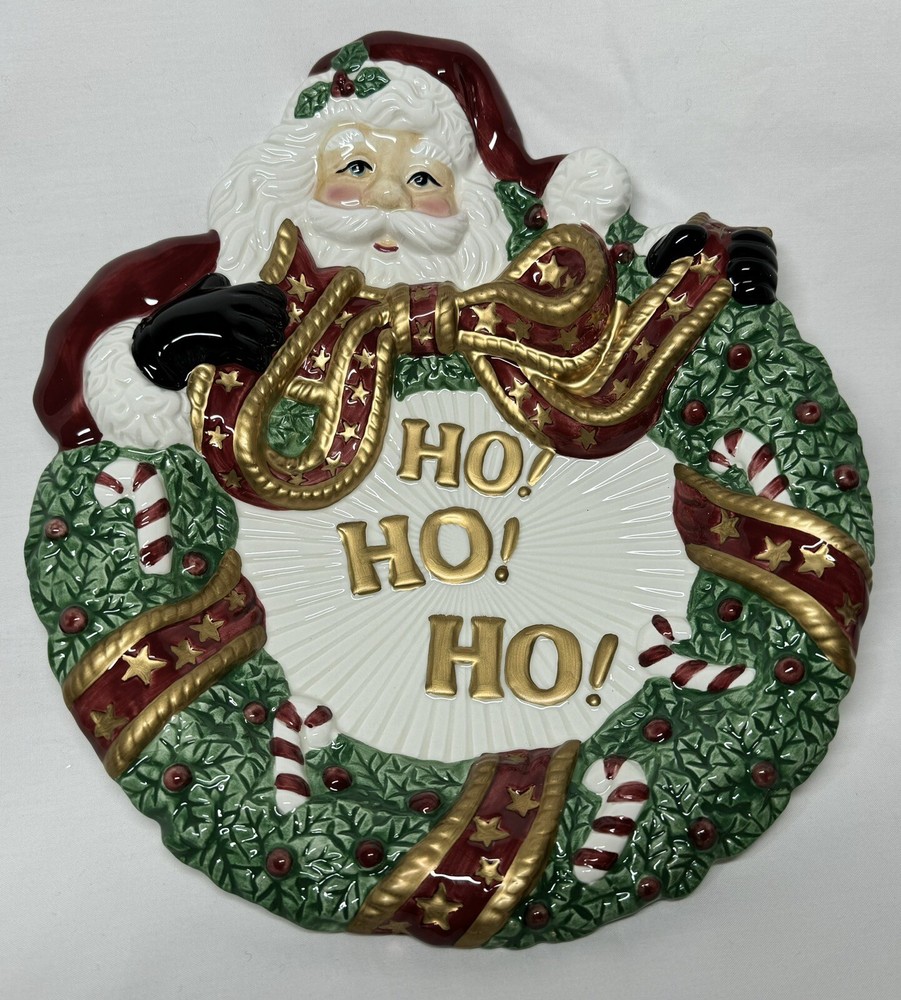 Fitz and Floyd Cookie Plate 8” Porcelain  Santa Wreath Christmas Canape With Box