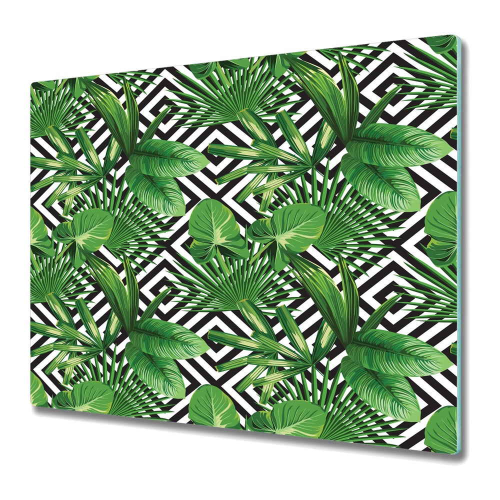 Glass Chopping Board Tropical palm leaves geometric green black & white 60x52